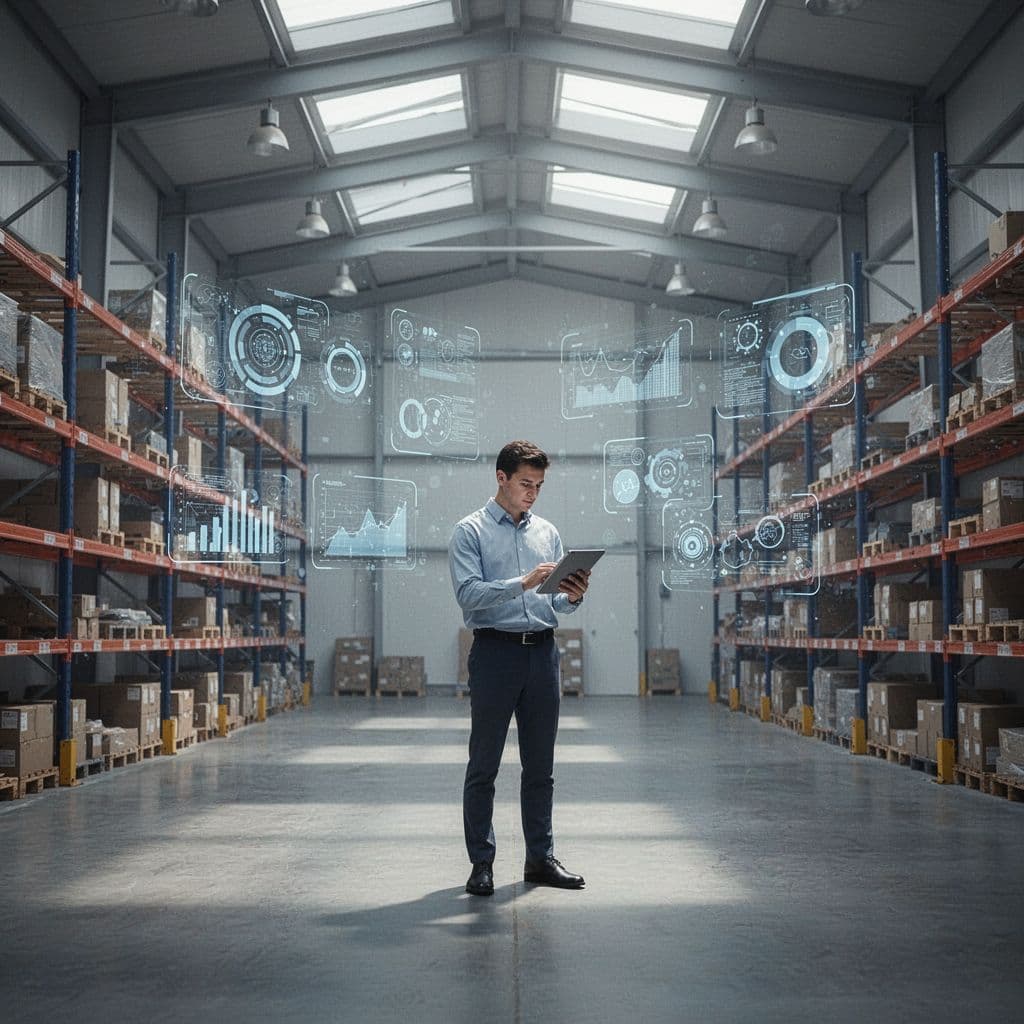 A person reviews data on a tablet inside a clean warehouse with floating digital interface panels.