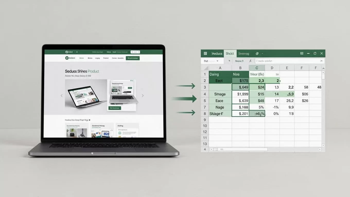 Laptop screen shows web scraper extracting product prices and titles from page to spreadsheet via arrows.