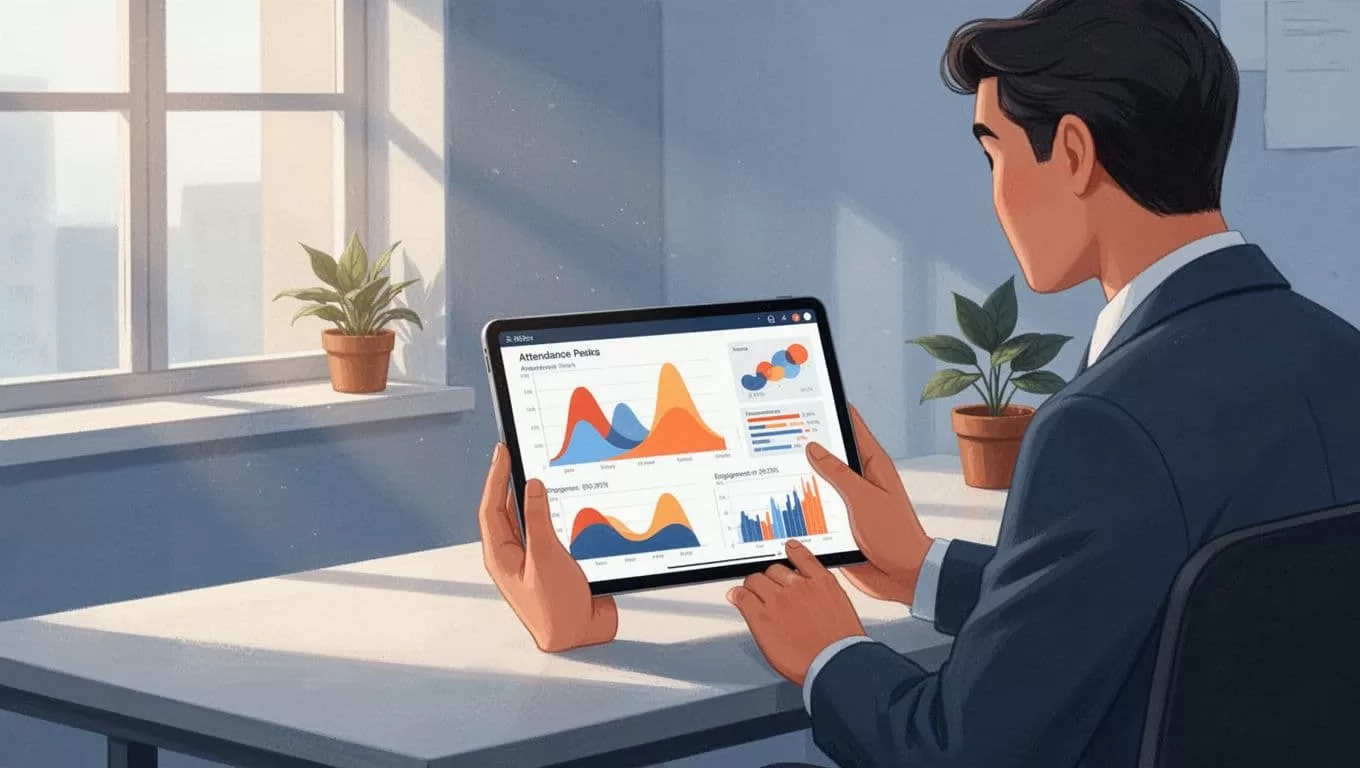 Person reviews webinar dashboard on tablet showing attendance peaks and engagement charts in simple office with plant.