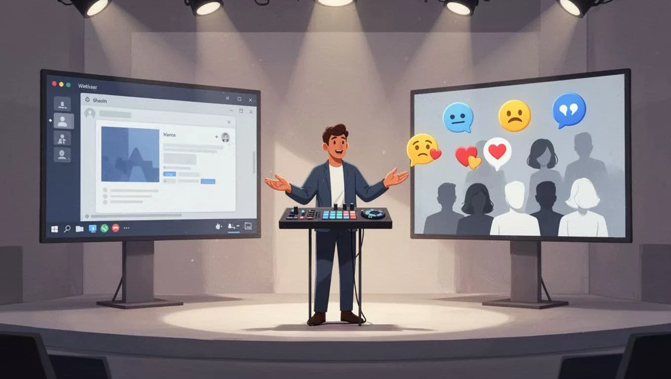 Host on stage manages webinar panel with reactions, chat, attendee icons, and screen sharing on two screens.
