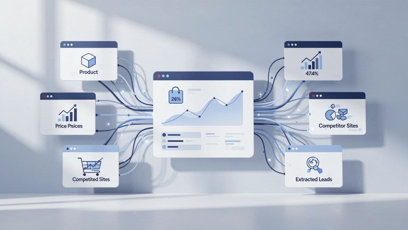 Data flows from websites into central dashboard with e-commerce price, competitor, and lead extraction icons.