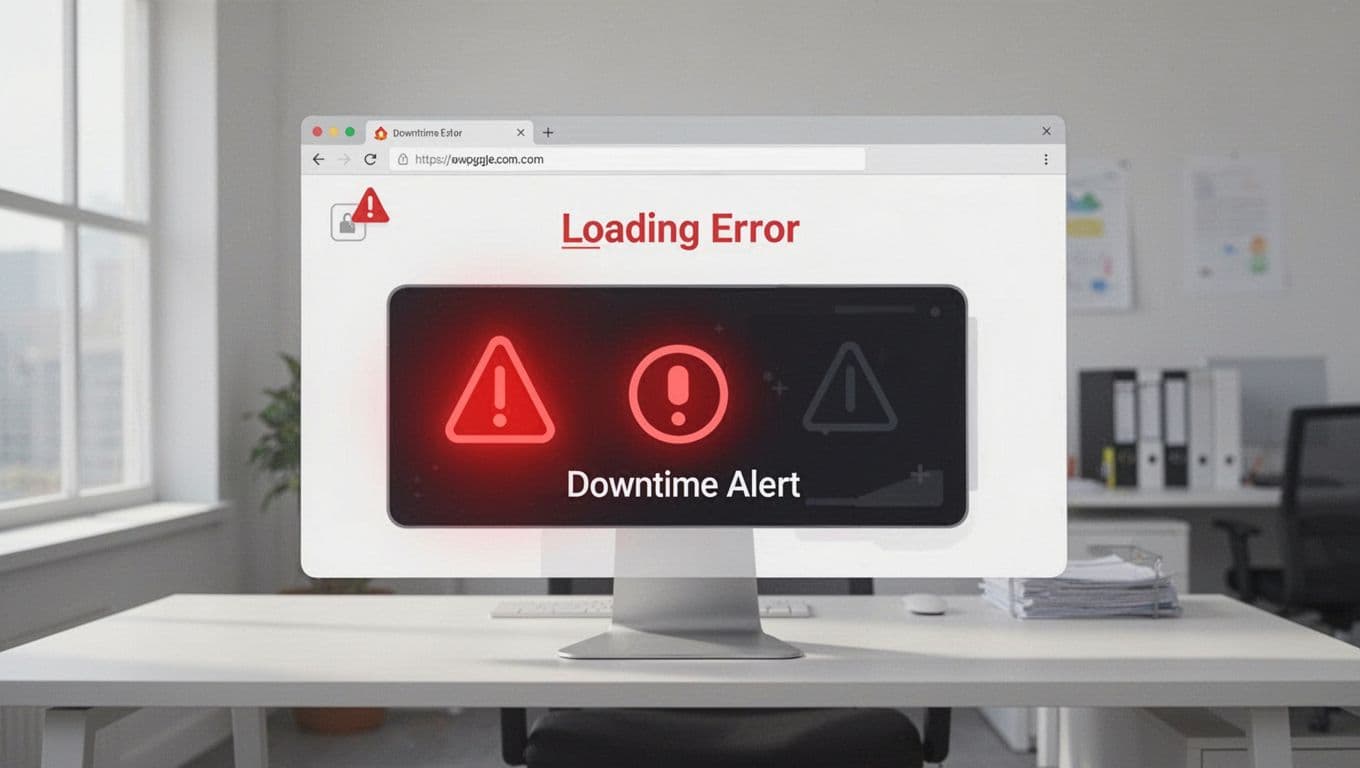 Notification panel shows downtime alert from Twin.so agent with Slack integration; background browser displays failed site.