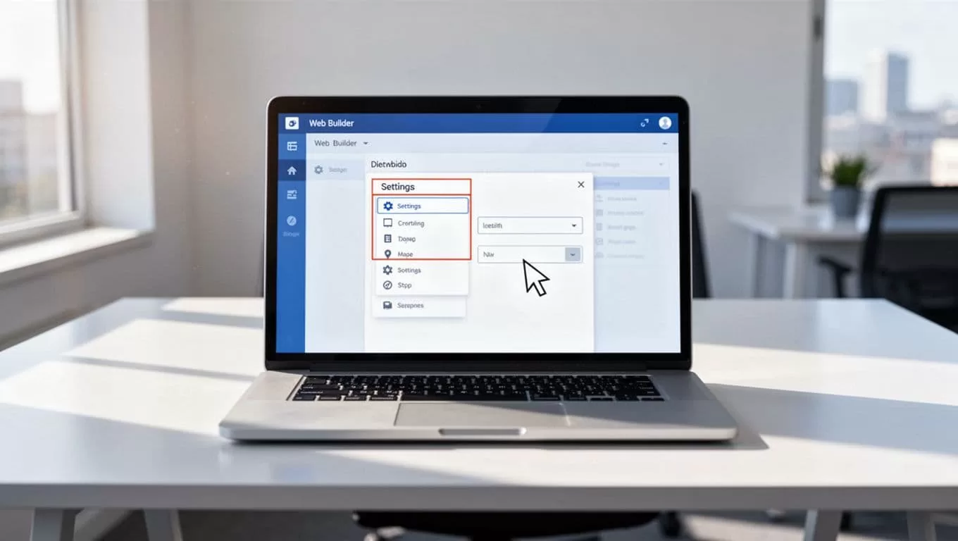 Single laptop on modern desk displays simplified Weebly dashboard with open Settings menu, highlighted Header Code, and cursor over paste area.