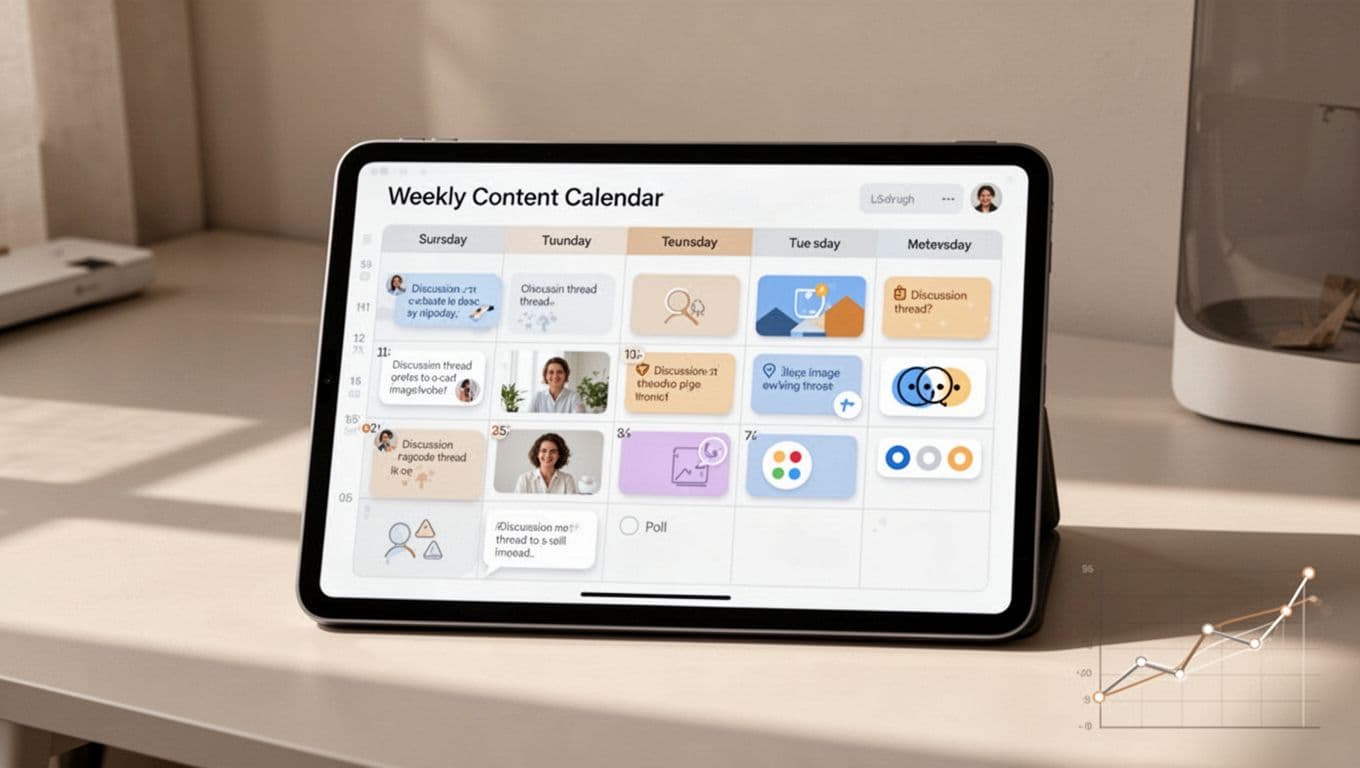 Digital weekly calendar filled with icons for threads, images, and polls on tablet planner with corner analytics graph.