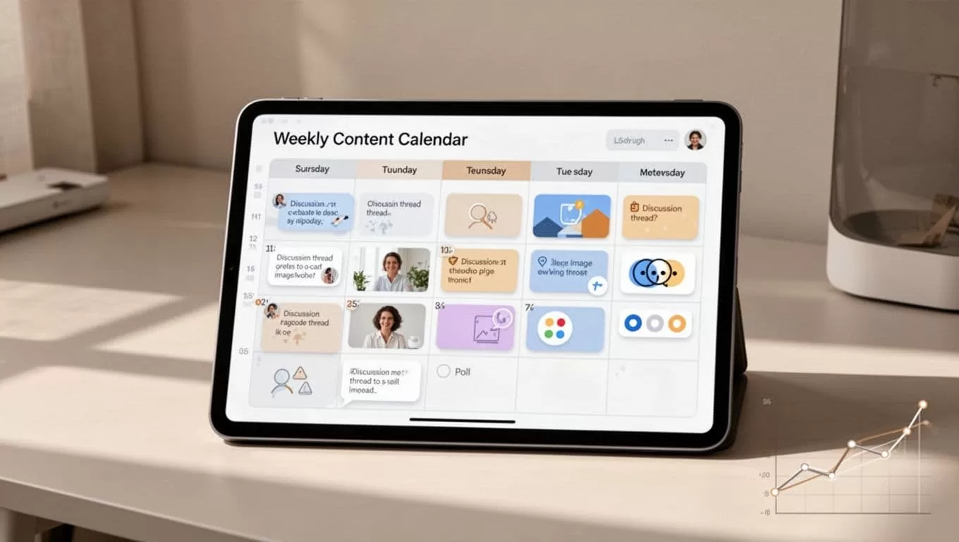 Digital weekly calendar filled with icons for threads, images, and polls on tablet planner with corner analytics graph.