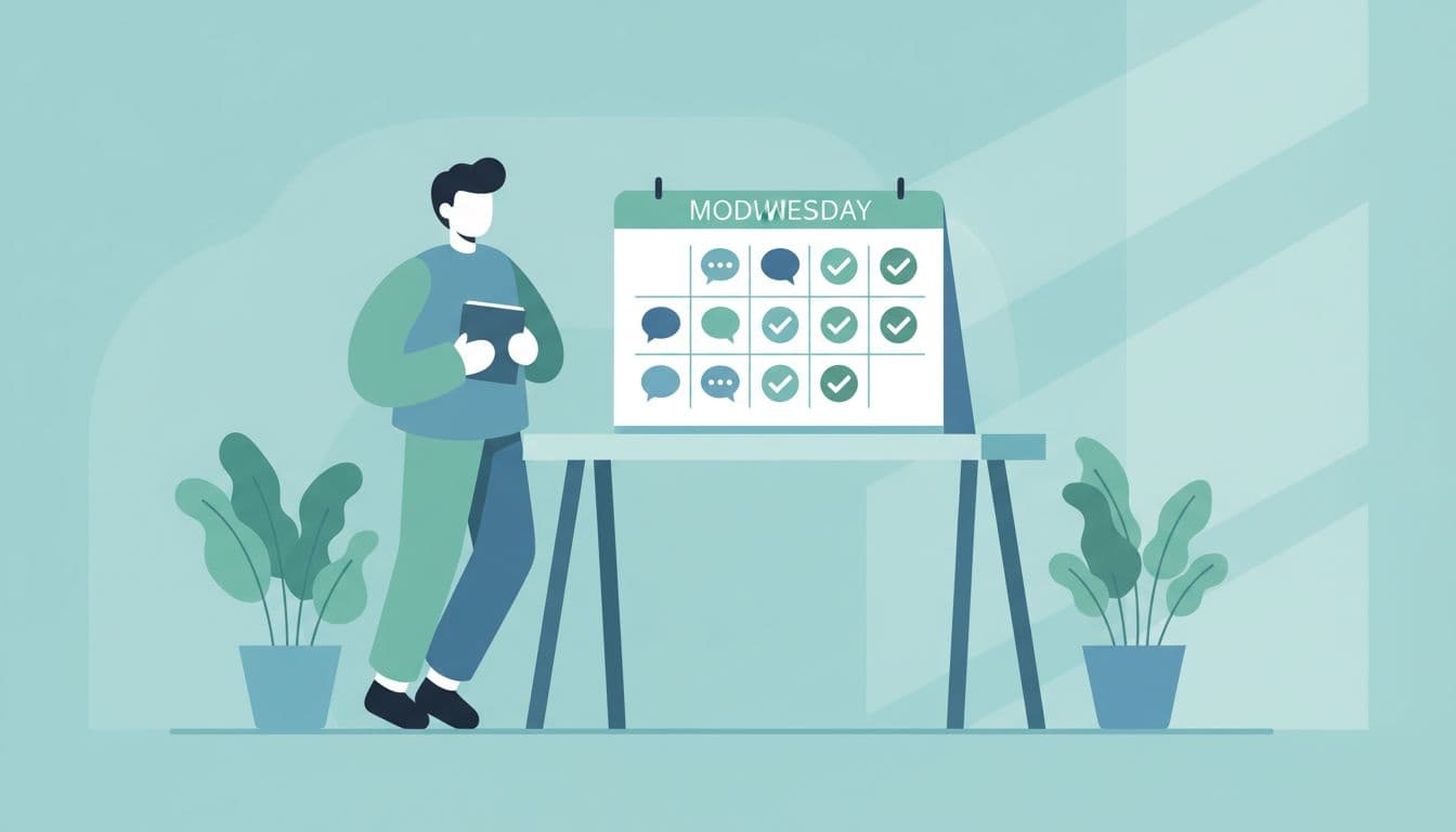 Open desk calendar displays a week with speech bubble and checkmark icons; one person stands nearby holding a notebook in plant-filled home office.