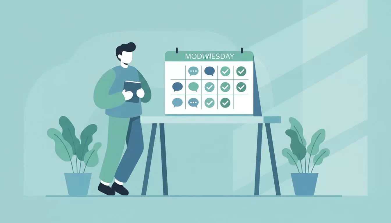 Open desk calendar displays a week with speech bubble and checkmark icons; one person stands nearby holding a notebook in plant-filled home office.