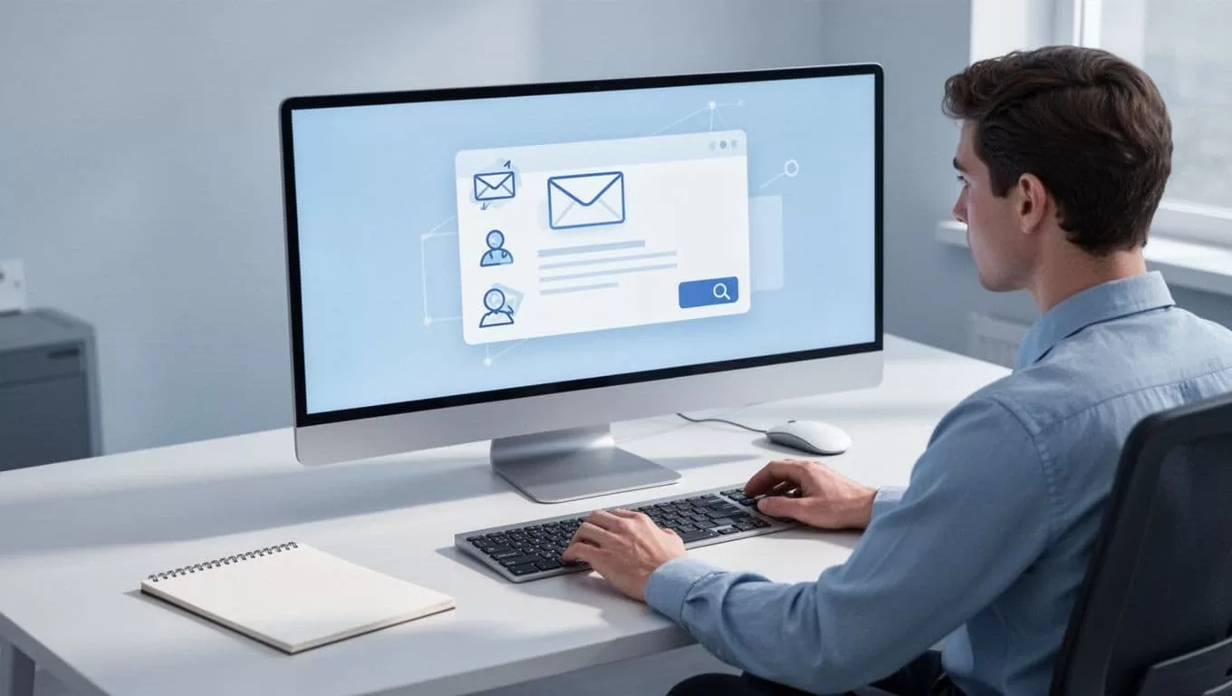 Computer screen shows welcome email sequence preview for new members on office desk with mouse and notepad.