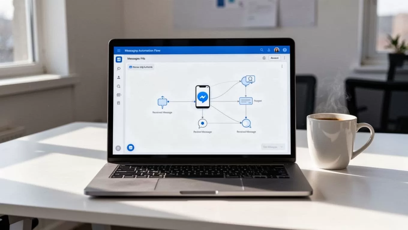 Laptop on desk with coffee mug shows dashboard of WhatsApp automation flow with connected nodes and phone icon receiving message.