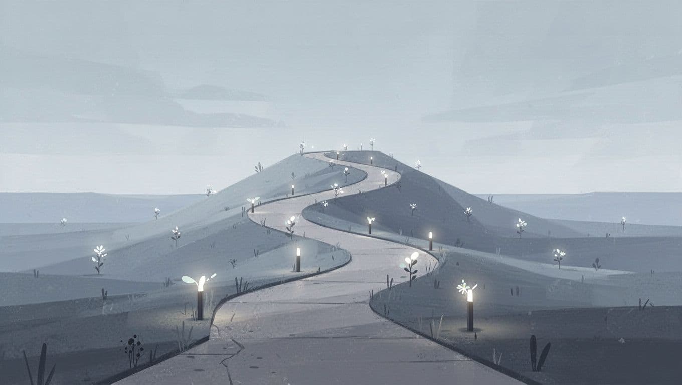 A winding path ascends through abstract shapes representing data growth and retention markers.
