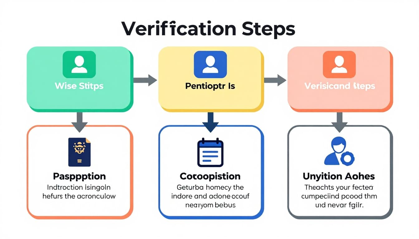 Three-step flowchart with icons for passport ID and address proof on simple background.