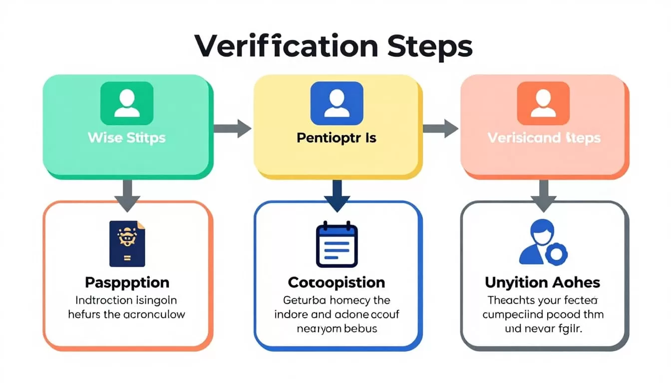 Three-step flowchart with icons for passport ID and address proof on simple background.
