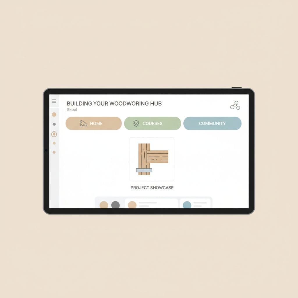 Tablet screen shows clean community dashboard with neutral colors, geometric tabs, and simple UI on white background.