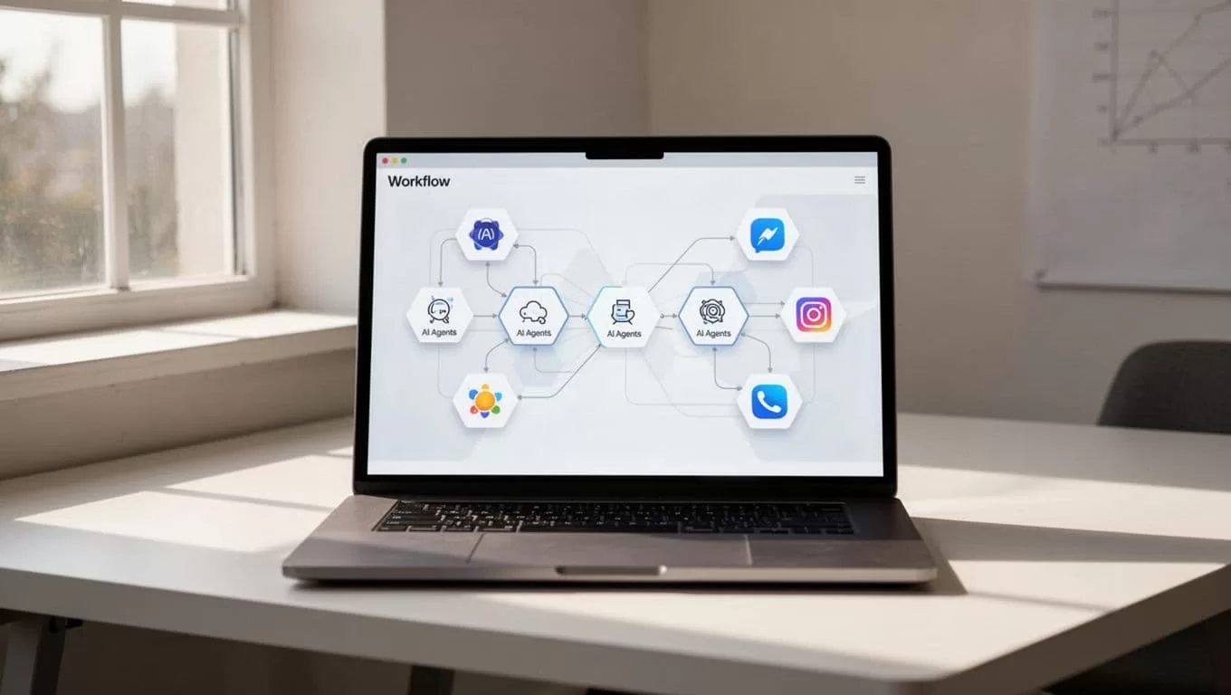 Laptop on desk displays clean illustration of workflow canvas with connected hexagon modules and app icons.