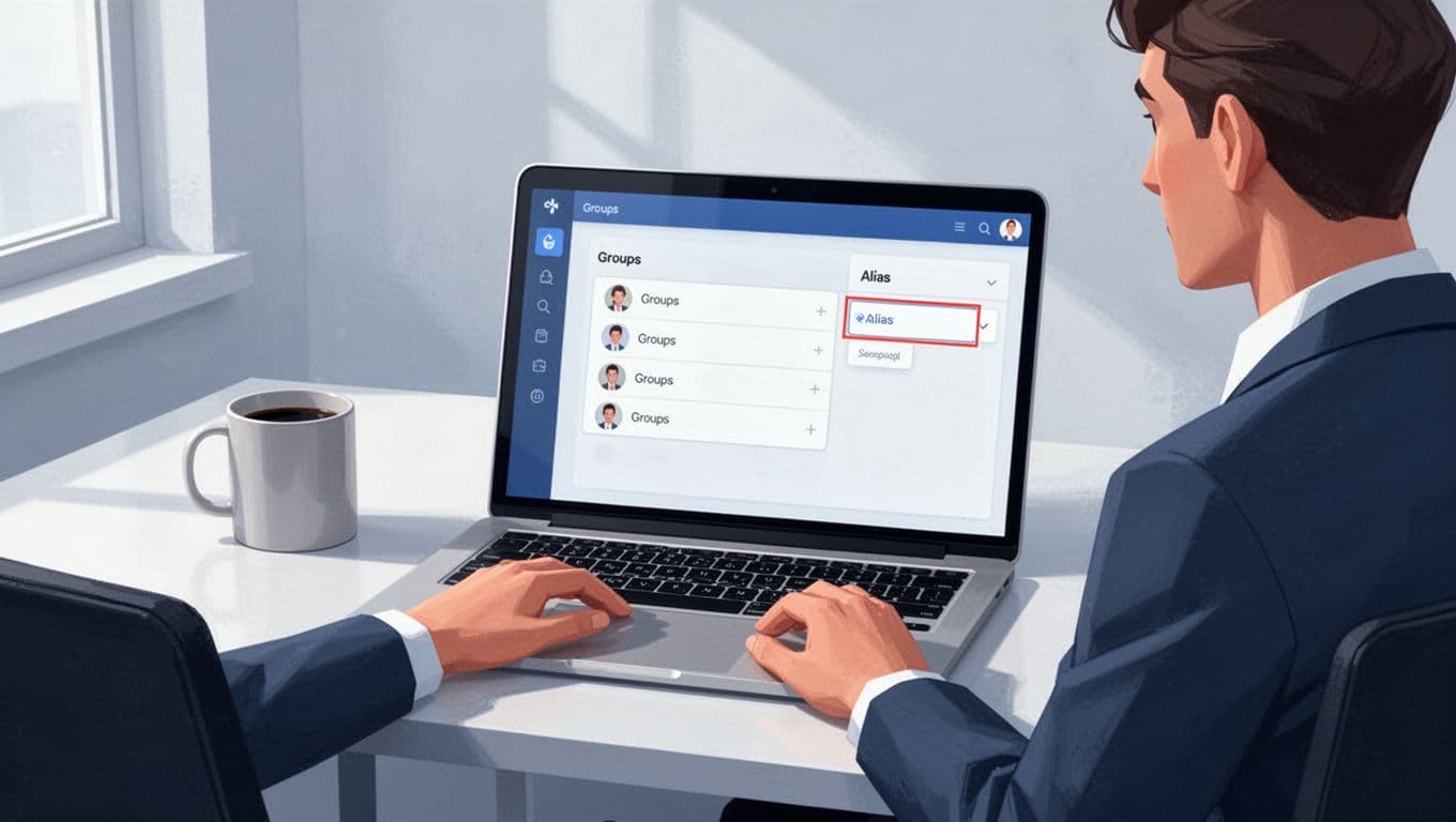 Illustration of admin at desk focused on laptop screen displaying Groups section with highlighted alias option and coffee mug nearby.