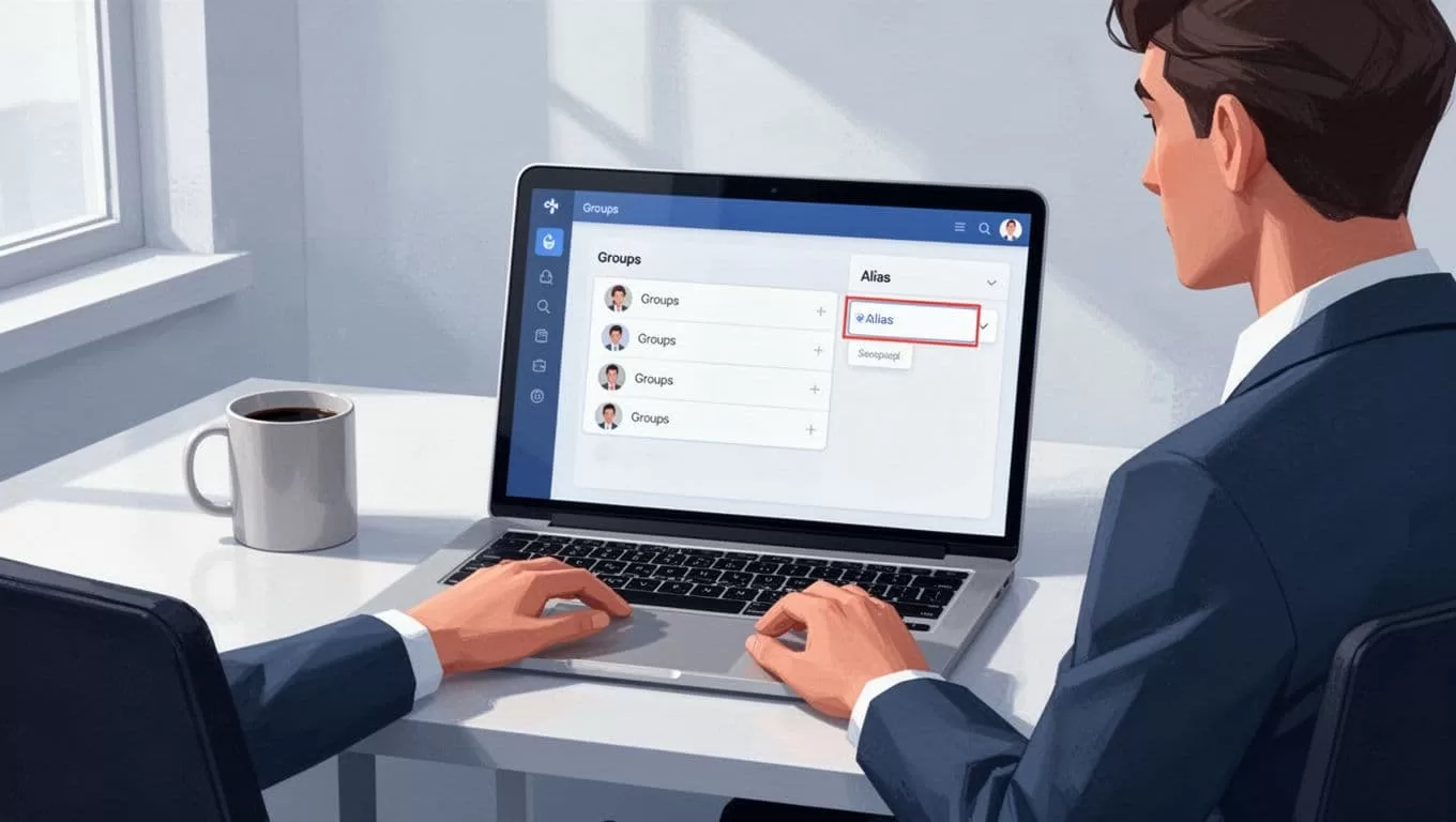 Illustration of admin at desk focused on laptop screen displaying Groups section with highlighted alias option and coffee mug nearby.