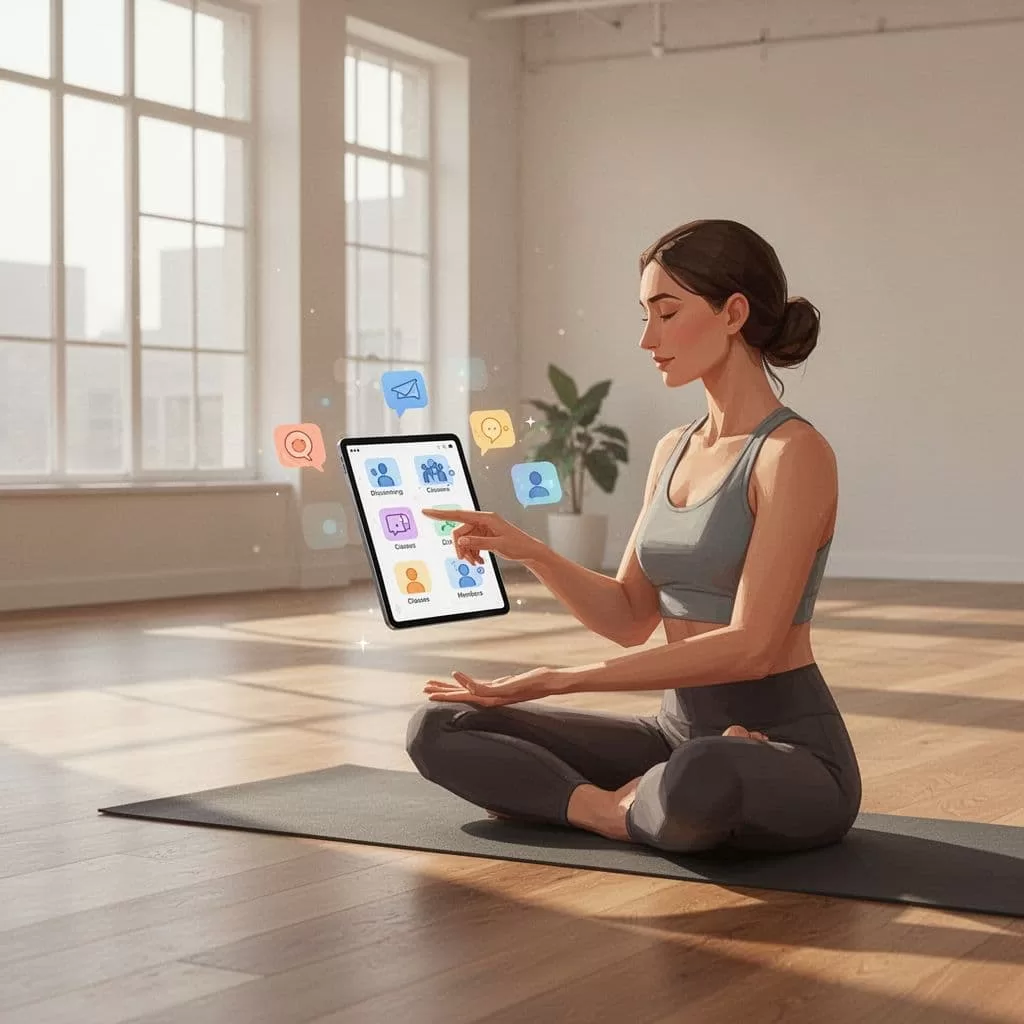 Yoga instructor holds tablet showing community icons in sunny minimalist studio.