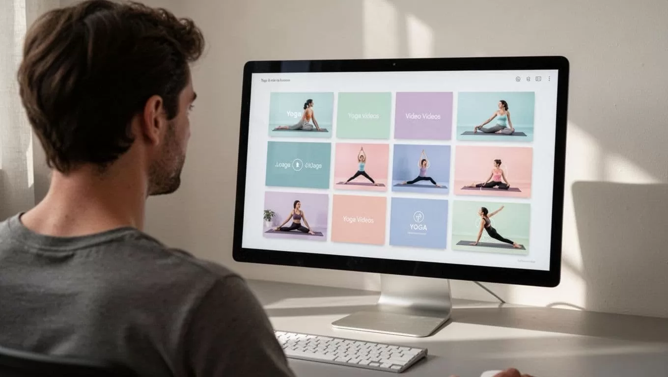 Monitor shows neat grid of yoga class cards viewed by person from behind.