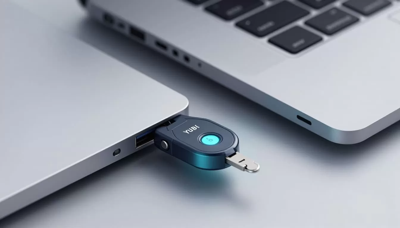 Close-up of YubiKey security key inserted into laptop USB port on desk with subtle glow.