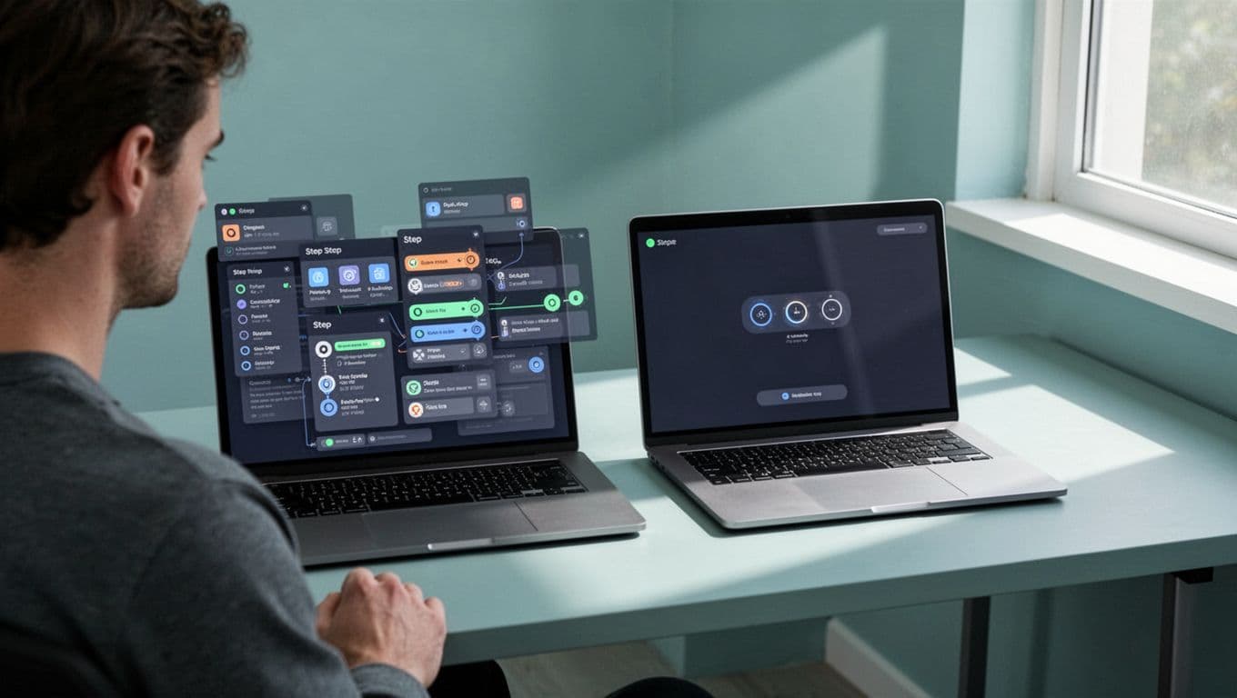Two laptops side-by-side on a minimalist desk display a complex multi-step interface and a simple one, viewed by one person.