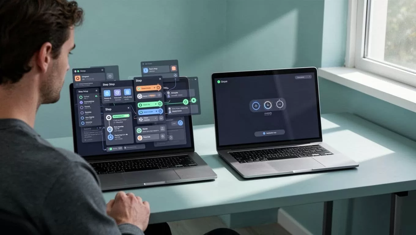 Two laptops side-by-side on a minimalist desk display a complex multi-step interface and a simple one, viewed by one person.