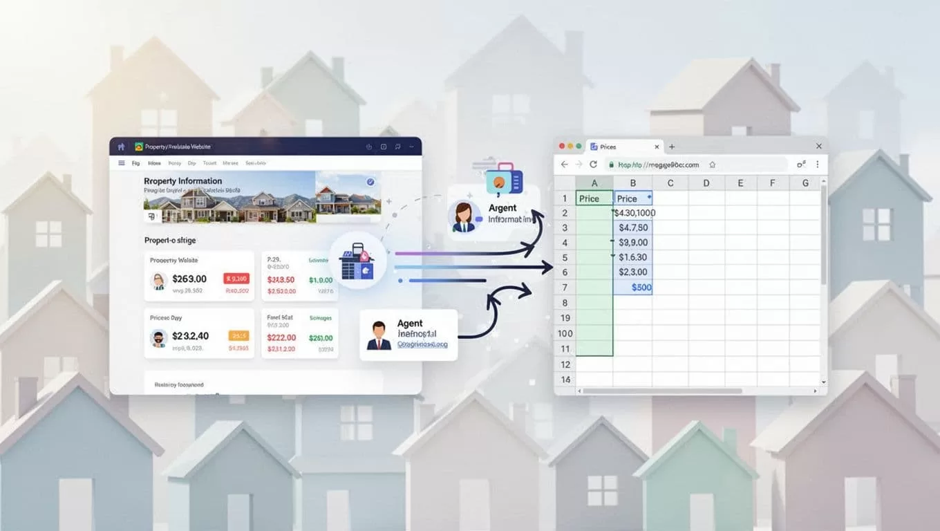 Property data flows from Zillow site to spreadsheet via arrows, with icons for prices, listings, and agents amid house symbols.