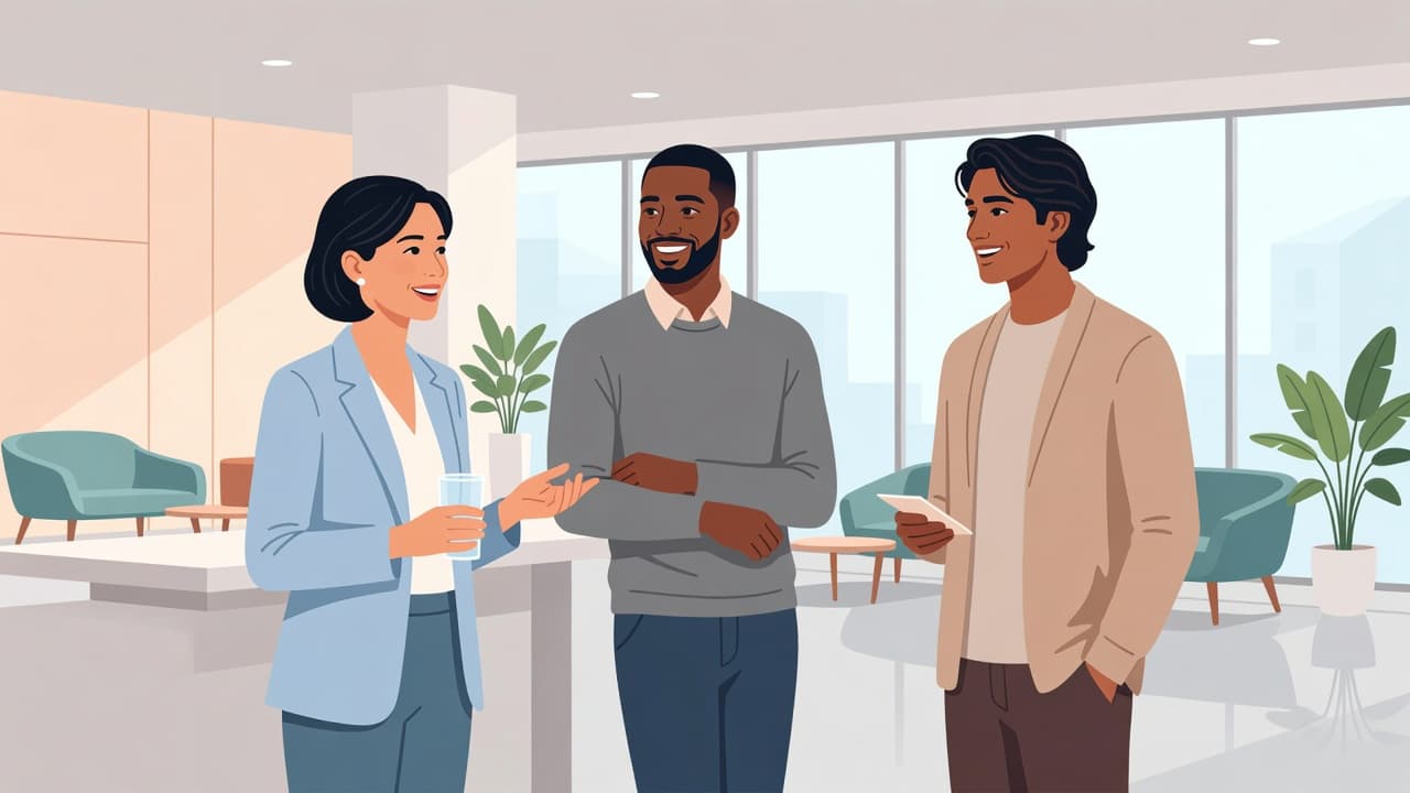 Three diverse individuals engage in friendly conversation within a modern, airy room rendered in a clean illustration style. They stand in an open, bright space with relaxed posture and soft colors.