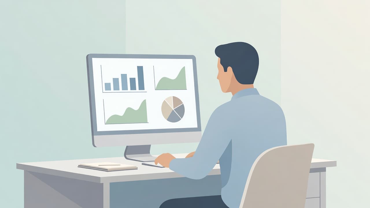 A focused professional sits at a clean desk viewing colorful data charts on a computer monitor. The minimalist illustration style features soft geometric shapes and a serene, professional color palette.