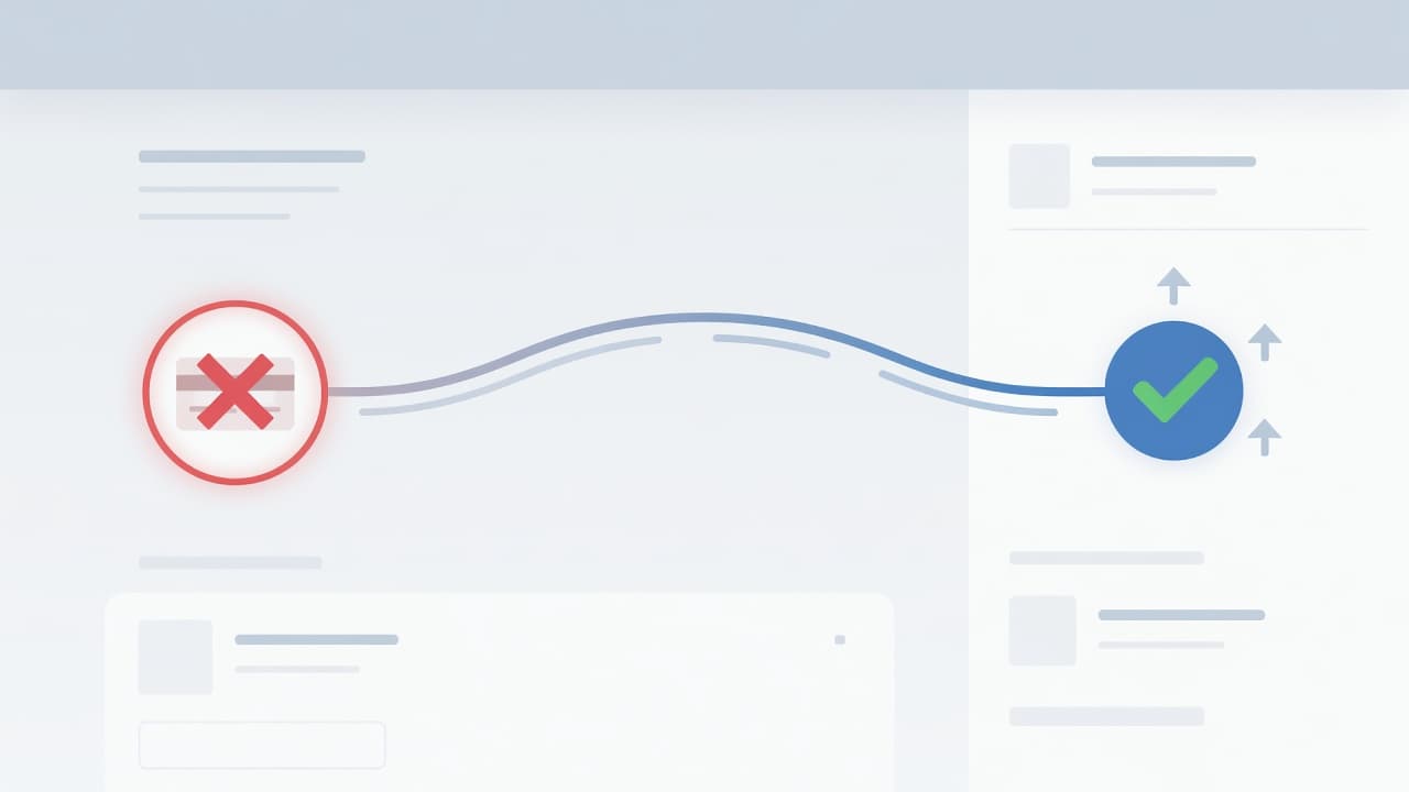 A minimalist graphic displays a stylized transition from a red notification icon to a blue checkmark, signifying successful payment processing. Soft gray curves connect these elements on a clean interface.