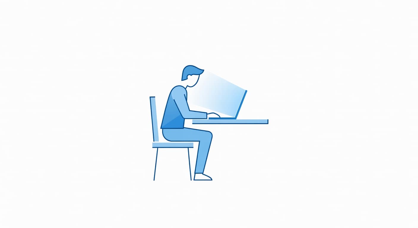 A minimalist figure sits at a clean geometric desk, illuminated by the soft glow of a laptop screen displaying data. The composition utilizes a crisp blue and white color palette.
