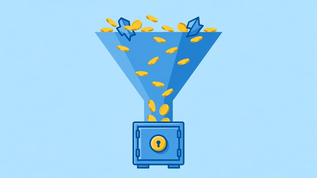 A blue funnel directs stray golden coins from an upper channel into a secure, protected container below. Clean geometric shapes illustrate the smooth transition of salvaged assets into a safe holding.