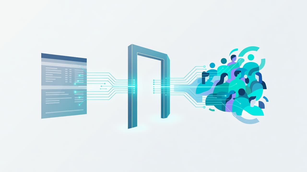 A stylized geometric portal bridges a formal financial document with a cluster of vibrant abstract figures. The minimalist composition utilizes cool blue tones to emphasize a secure connection for automated payments.