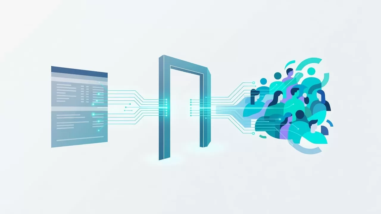 A stylized geometric portal bridges a formal financial document with a cluster of vibrant abstract figures. The minimalist composition utilizes cool blue tones to emphasize a secure connection for automated payments.