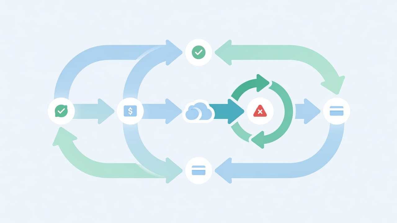 Clean geometric shapes and soft blue and green tones illustrate a circular workflow. A central glowing retry icon represents the automated process of recovering a failed payment within a digital subscription system.