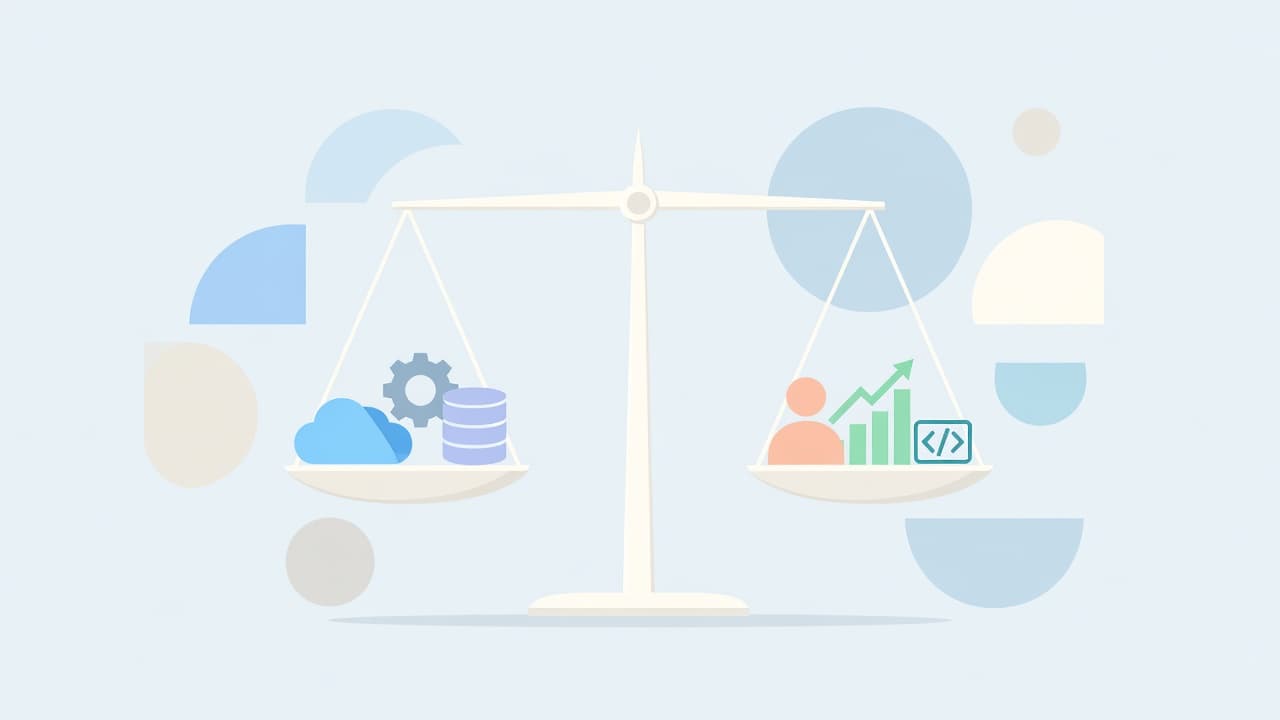 A minimalist scale balances colorful digital symbols atop a clean background adorned with floating geometric shapes. Soft pastel forms frame the central icon to represent the process of comparing software solutions.
