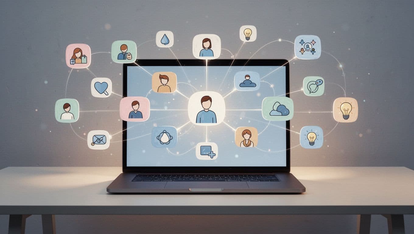 A flat illustration depicts a person interacting with a glowing laptop screen where floating icons and modular shapes assemble into a cohesive online platform. The minimal aesthetic uses soft color gradients.
