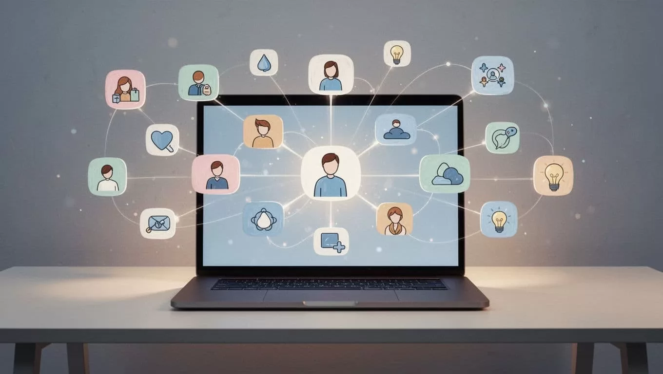 A flat illustration depicts a person interacting with a glowing laptop screen where floating icons and modular shapes assemble into a cohesive online platform. The minimal aesthetic uses soft color gradients.