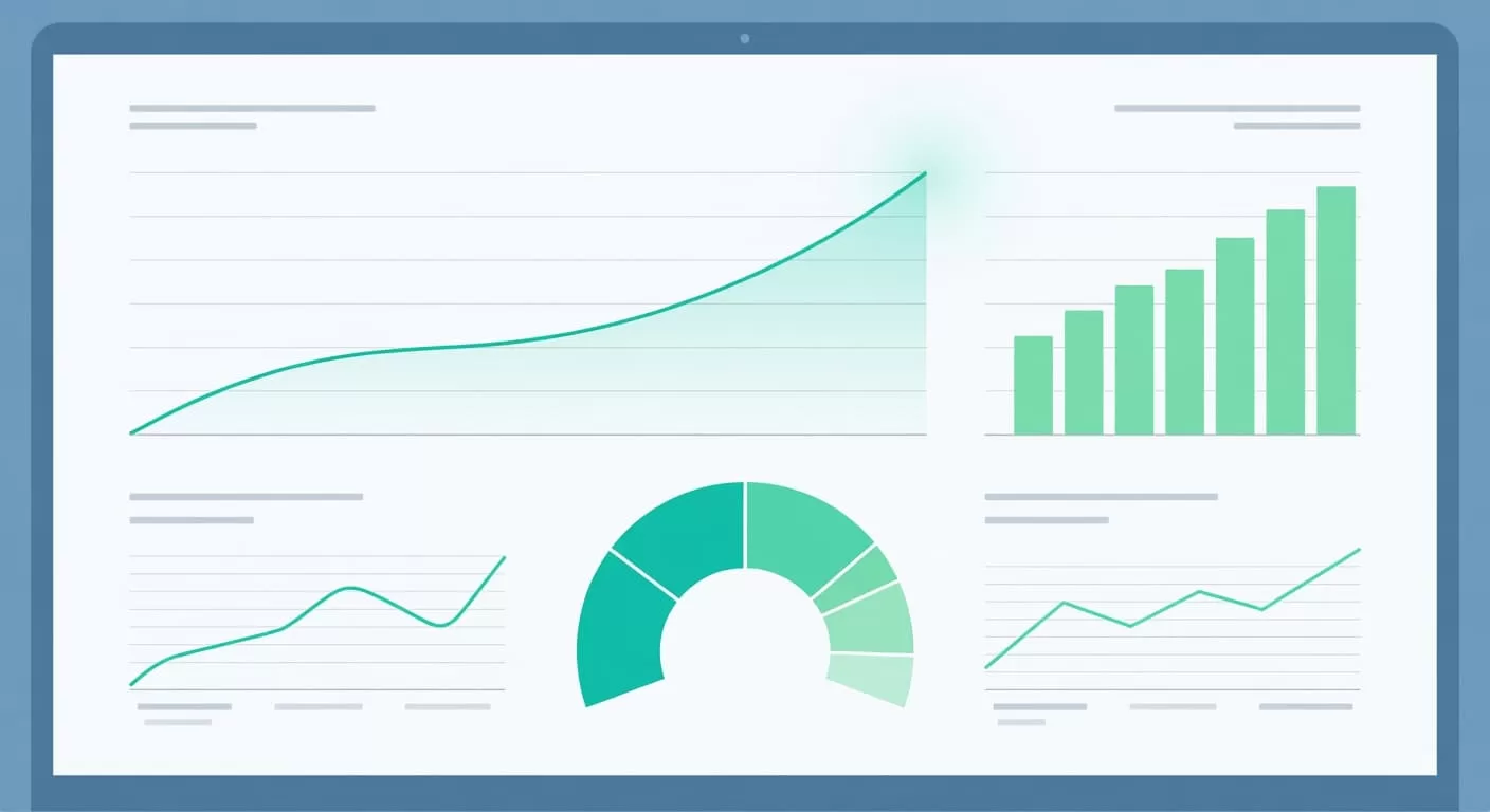 A minimalist digital interface displays rising analytical charts representing subscriber upgrades. Soft ambient lighting illuminates the clean vector shapes and professional color scheme, highlighting the clear upward trajectory of business trends.