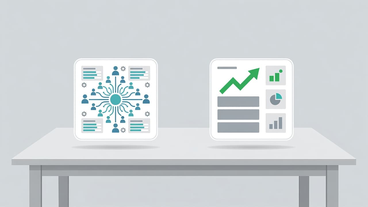 Two distinct stylized digital dashboard icons rest side-by-side on a clean desk surface. These flat vector graphics feature soft professional lighting and represent competing community management software solutions for users.