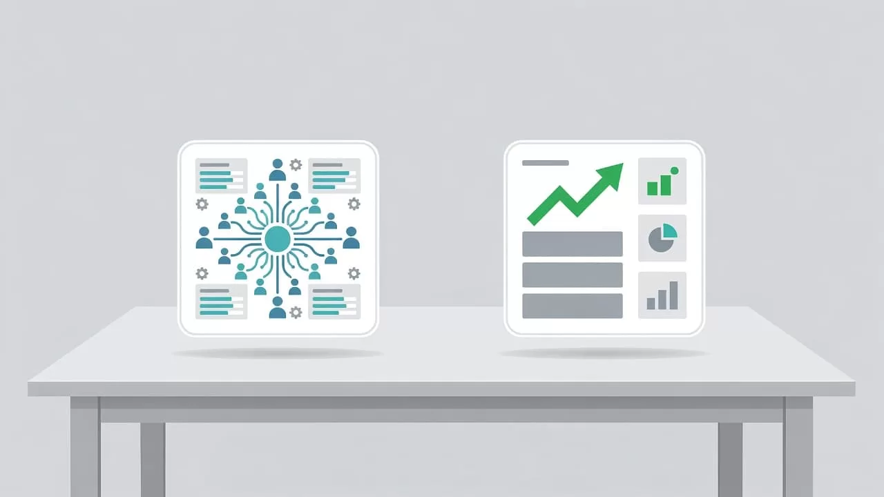 Two distinct stylized digital dashboard icons rest side-by-side on a clean desk surface. These flat vector graphics feature soft professional lighting and represent competing community management software solutions for users.