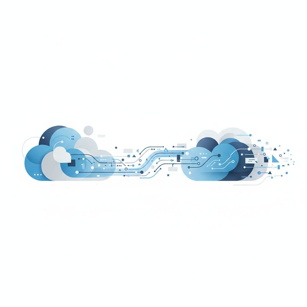 Digital information streams as glowing lines between two soft, cloud-shaped forms against a minimalist background. Subtle blue and gray gradients emphasize the fluid movement and professional technical connectivity of the system.