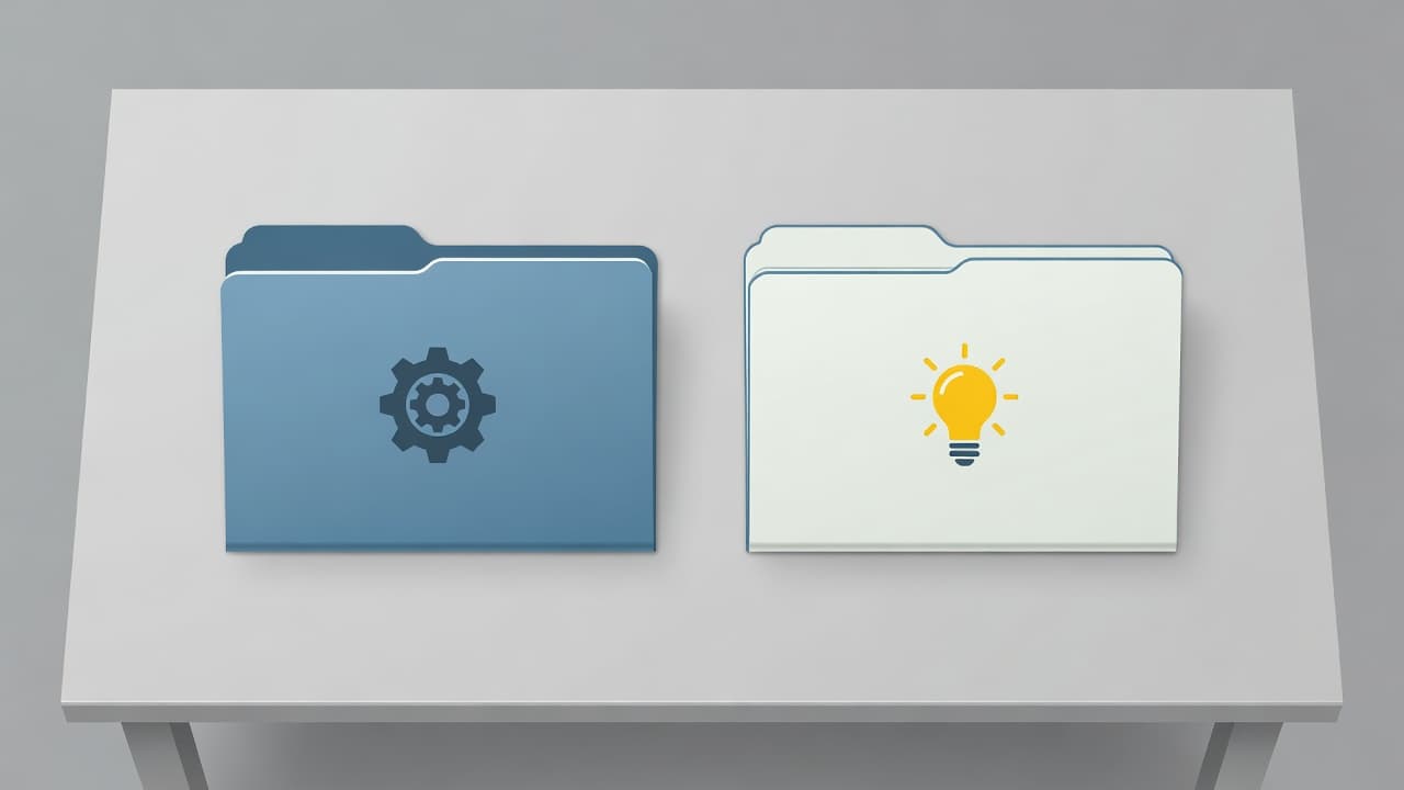 Two minimalist folders sit side by side on a smooth surface. One features a metallic gear icon for administrative control, while the other displays a bright yellow lightbulb for creative productivity.