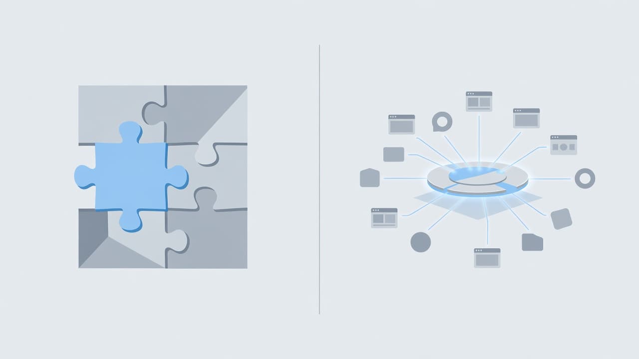 A minimalist graphic displays a puzzle piece merging into a structural frame on the left, while a central floating platform connects to various website icons on the right in muted blue.