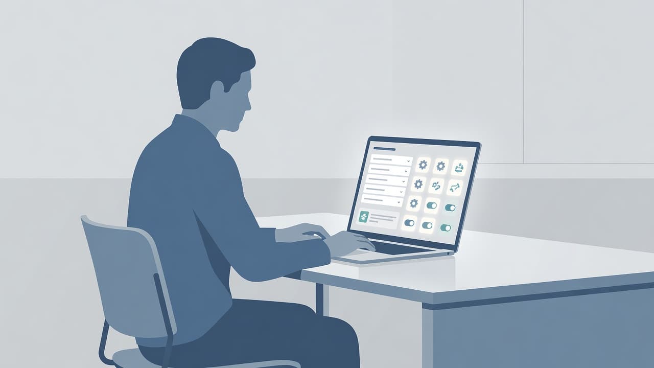 A person uses a laptop at a tidy desk to navigate an organized data settings dashboard. Soft glowing icons and clean vector shapes create a professional atmosphere for customizing digital workflows.