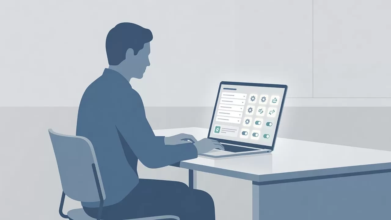 A person uses a laptop at a tidy desk to navigate an organized data settings dashboard. Soft glowing icons and clean vector shapes create a professional atmosphere for customizing digital workflows.