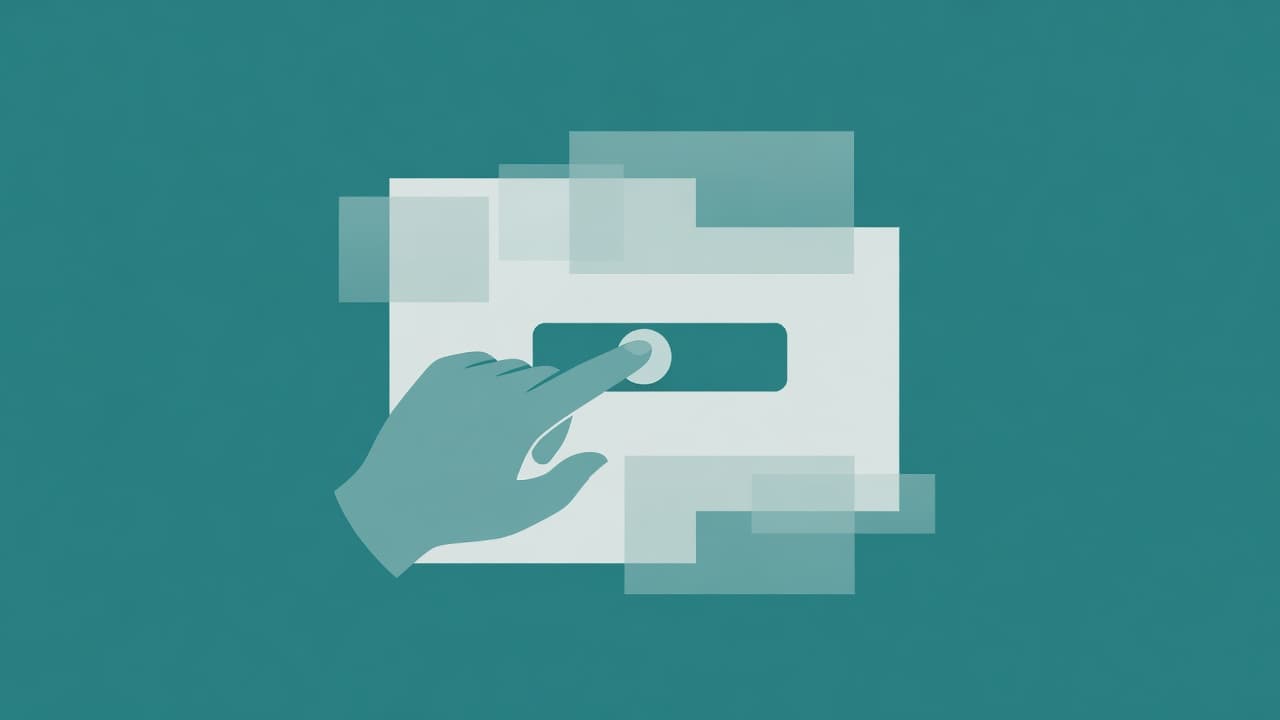A stylized vector hand interacts with a layered toggle switch composed of soft rectangular blocks. The composition uses shades of teal and grey to illustrate the process of managing system permissions.