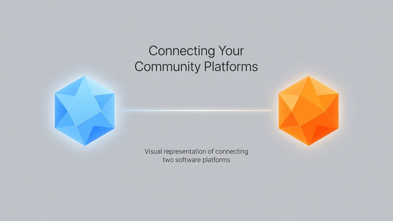 Two glowing geometric shapes are linked by a thin, elegant line centered against a flat, soft grey background. The clean, minimalist design emphasizes the seamless integration between the two distinct digital entities.