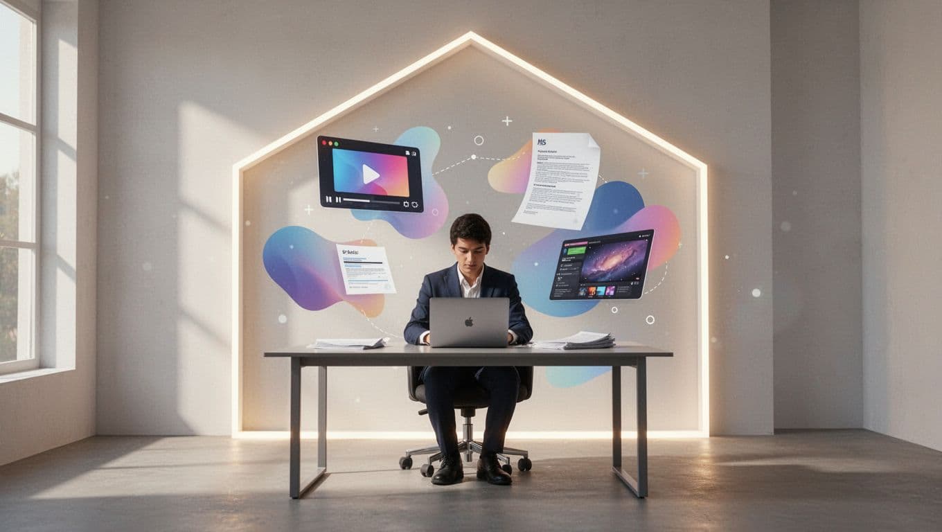 A person sits at a desk working on a computer inside a glowing geometric house frame. Floating digital icons representing multimedia files surround them, illustrating a professional and secure personal platform.