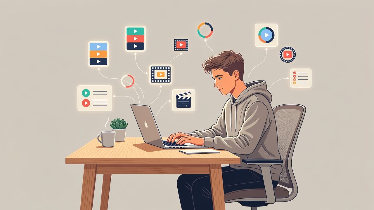A creative individual sits at a minimalist wooden desk using a laptop. Glowing icons representing video modules and online learning tools float above the surface to illustrate digital course management.