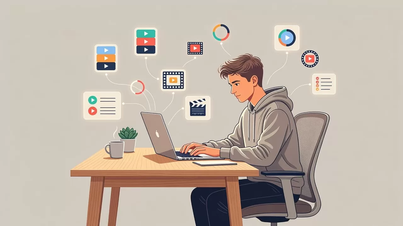 A creative individual sits at a minimalist wooden desk using a laptop. Glowing icons representing video modules and online learning tools float above the surface to illustrate digital course management.